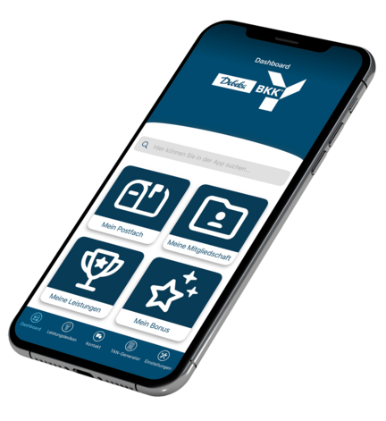 Smartphone, auf dem das Dashboard der Dr. Klein BKK-App mit verschiedenen Symbolen und Menüoptionen angezeigt wird.