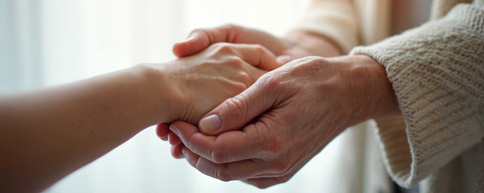 Eine ältere Person, die in einer tröstenden Geste sanft die Hand einer jüngeren Person hält.