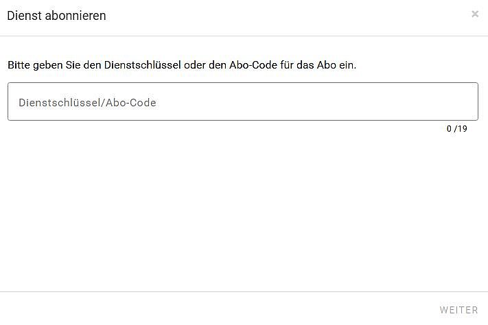 Deutsches Formular, in dem zur Anmeldung die Eingabe eines Service-Schlüssels oder eines Abonnementcodes verlangt wird, mit einem Eingabefeld und einer Zeichenanzahl.