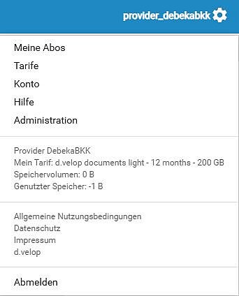 Dropdown-Menü mit Kontooptionen und Abonnementinformationen für „provider_debekabkk“, mit einer Abmeldeoption am unteren Rand.