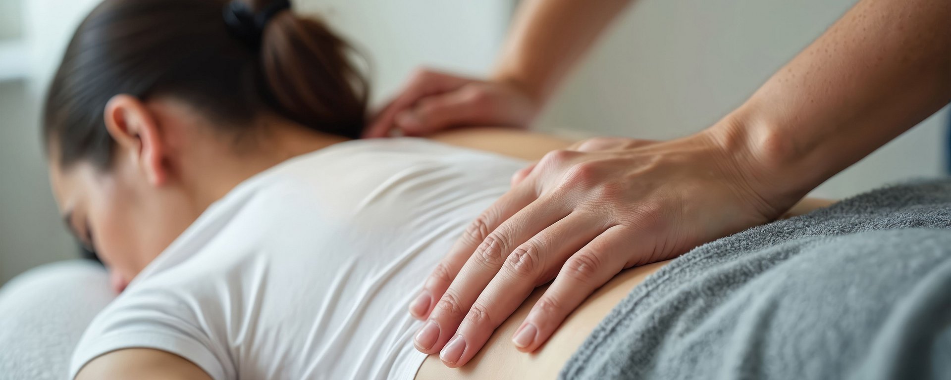 Nahaufnahme einer Person, die eine Rückenmassage erhält, während sie mit dem Gesicht nach unten auf einer Massageliege liegt.