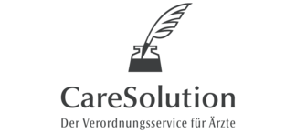 Logo mit einer Feder in einer Tintenflasche und darunter der Text „CareSolution – Der Verordnungsservice für Ärzte“.