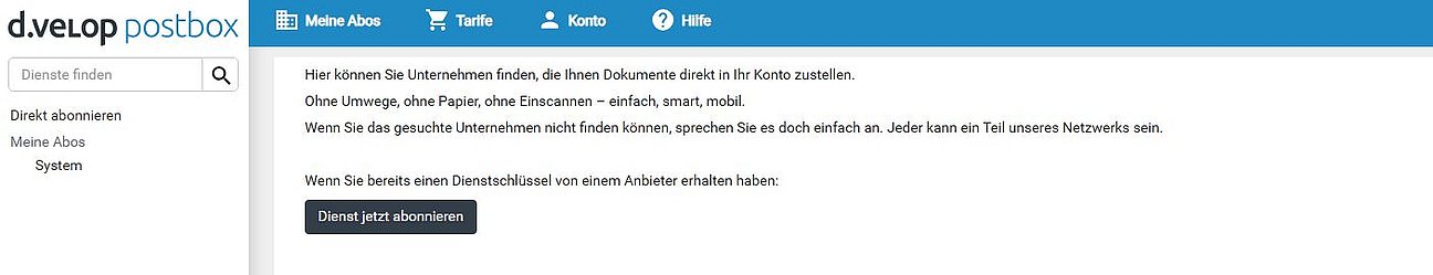 Screenshot der d.velop-Postbox-Oberfläche mit einer Anleitung und einer Schaltfläche mit der Aufschrift „Dienst jetzt abonnieren“.