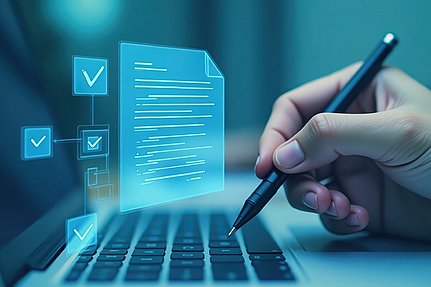 Eine Hand, die einen Laptop bedient, auf dessen Bildschirm eine digitale Checkliste, Häkchen und Dokumentensymbole in blauem Licht leuchten.