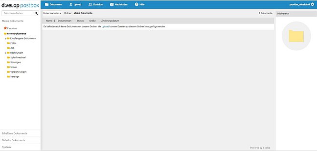 Screenshot der Benutzeroberfläche einer Dokumentenverwaltungssoftware mit Ordnern und Optionen in der linken Seitenleiste.
