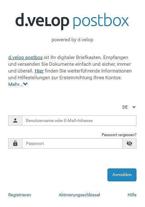 Anmeldeseite für d.velop Postbox mit Feldern für Benutzername und Passwort sowie Links zur Hilfe und zur Kontoeinrichtung.
