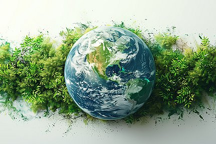 Die Erde, umgeben von üppigem Grün, als Symbol für Natur und Umweltschutz.